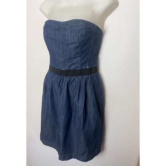 Club Monaco Blue Denim Bustier Strapless Smocked Pocket Dress Women’s Sz 4 - Picture 3 of 10